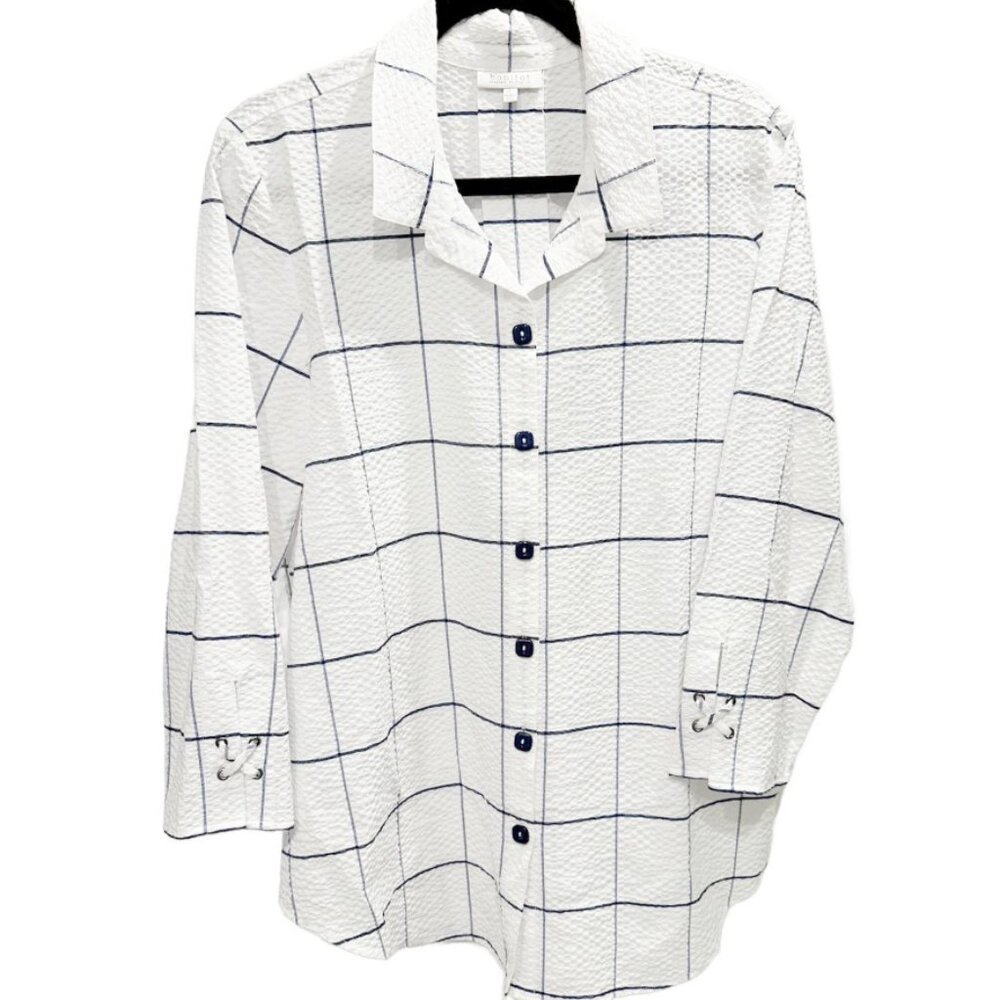 Habitat Women's Large Top in White with Navy Grid Long Sleeve Textured Top